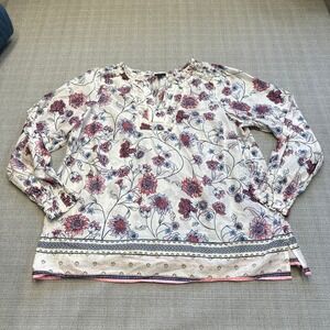 Talbots Plus Size 1X Floral Print Peasant Blouse Top Long Sleeve Boho Split Neck
